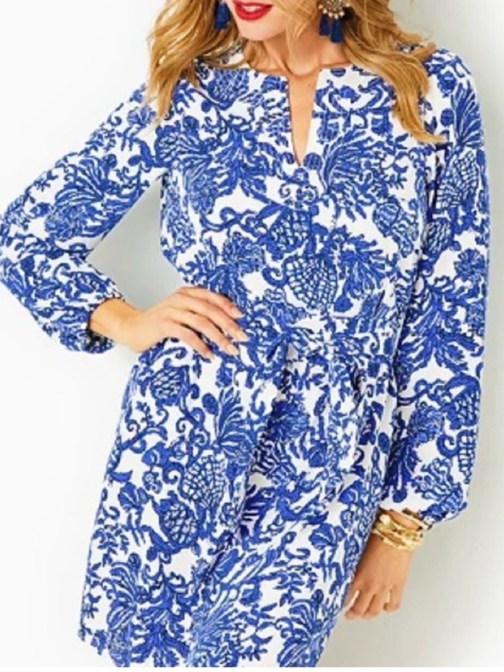 Lily Pulitzer Blue & White Floral Print Long Sleeve Alyssa Dress